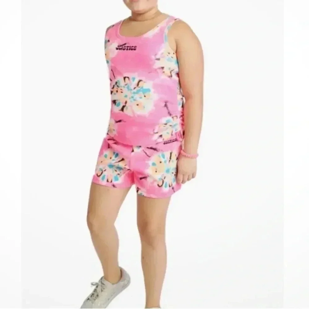 Justice Outfit Set Girls Cinch Side Tank & Short Size Large (12/14) Pink Tie-Dye